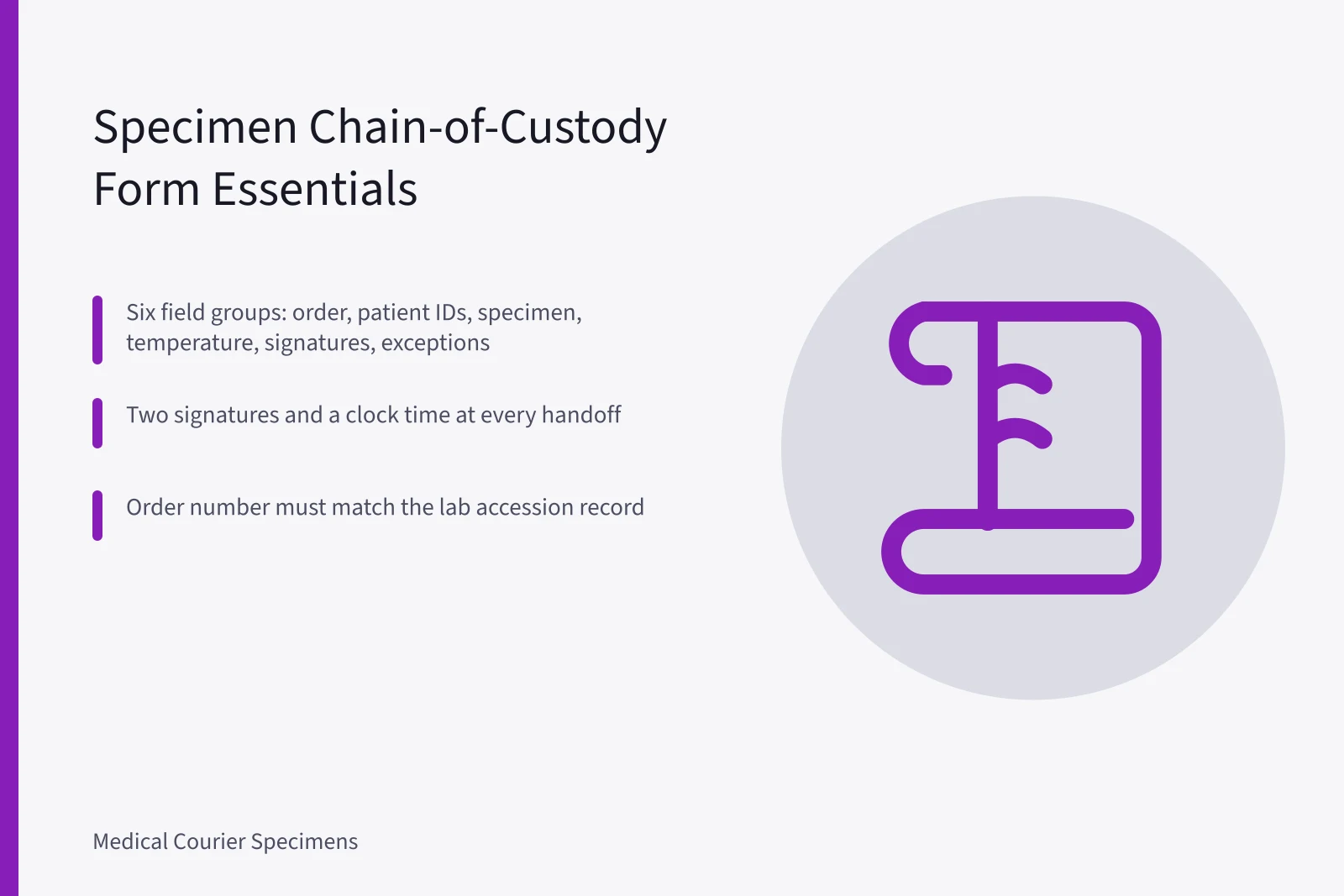 Specimen custody form with signatures, times, and exception line for courier handoffs. Chain-of-Custody Forms for Specimen Couriers: What to Document in Every State