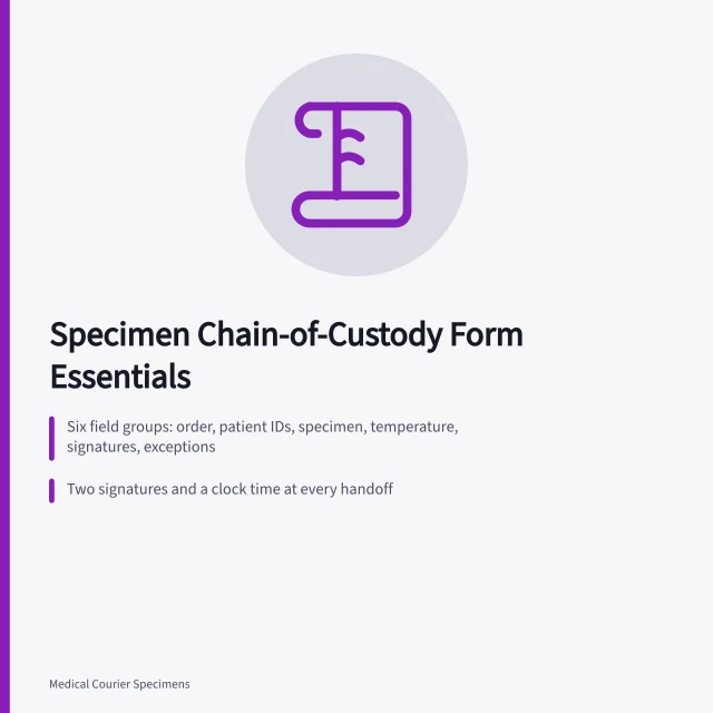 Specimen custody form with signatures, times, and exception line for courier handoffs. Chain-of-Custody Forms for Specimen Couriers: What to Document in Every State