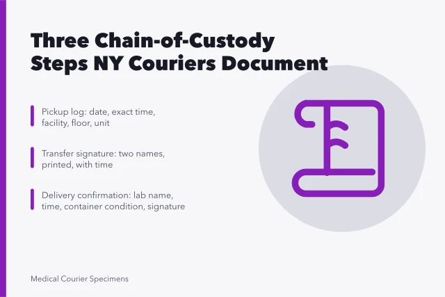 Chain-of-custody card listing pickup log, transfer signature and delivery confirmation steps. 3 chain-of-custody steps New York couriers document under NYS lab rules