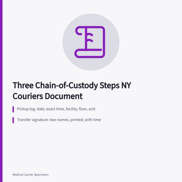Chain-of-custody card listing pickup log, transfer signature and delivery confirmation steps. 3 chain-of-custody steps New York couriers document under NYS lab rules