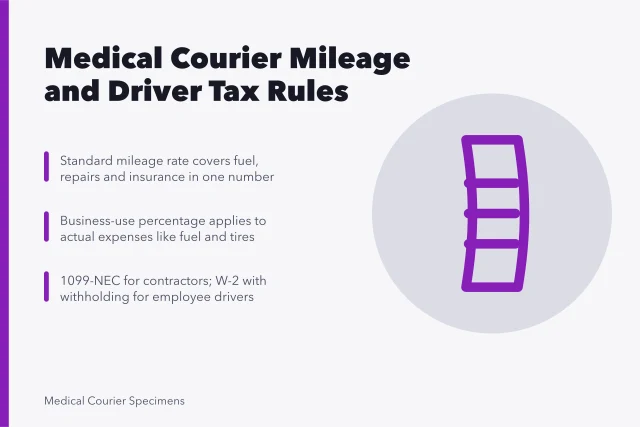 Medical courier tax guide covering mileage deduction, 1099 and W-2 rules. IRS mileage deduction, 1099 and W-2 for American medical courier drivers
