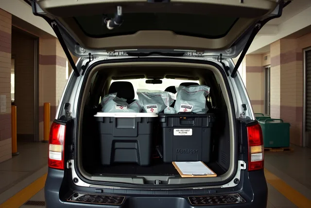 Medical courier vehicle with specimen cooler and mileage log at hospital dock. How to Use the IRS Standard Mileage Rate for Medical Couriers