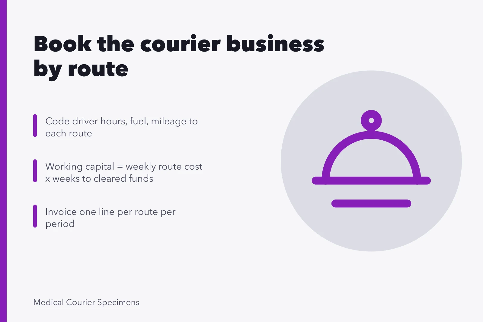 Card on coding medical courier costs by route and tracking cash gap. Keeping the books in a medical courier business: what to record and when