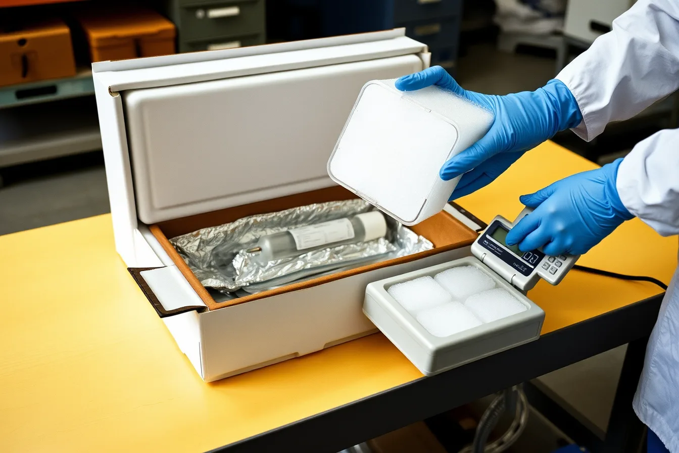 Insulated medical courier box packed with specimen tube, absorbent, and weighed dry ice. A Guide to Cold Chain Packaging for Medical Courier Specimens