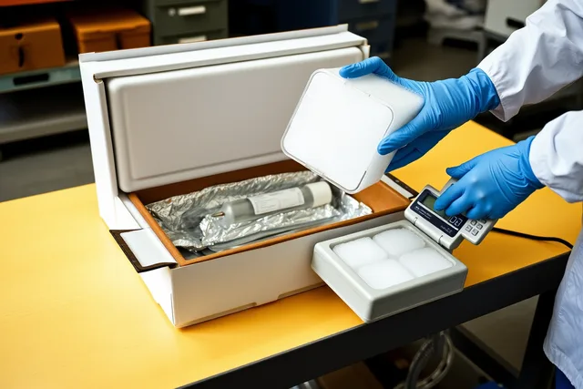 Insulated medical courier box packed with specimen tube, absorbent, and weighed dry ice. A Guide to Cold Chain Packaging for Medical Courier Specimens