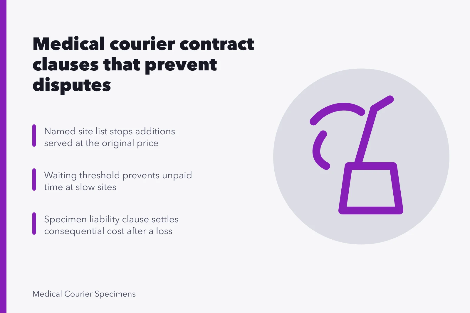 Contract clause card for medical courier agreements and specimen liability terms. Medical courier contract terms for people who want the details