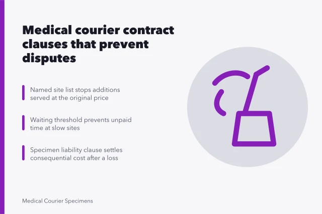 Contract clause card for medical courier agreements and specimen liability terms. Medical courier contract terms for people who want the details