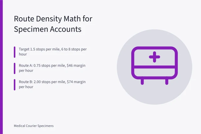 Route density metrics comparing two specimen courier routes by margin per hour. Medical courier route density: how many stops per mile make an account profitable