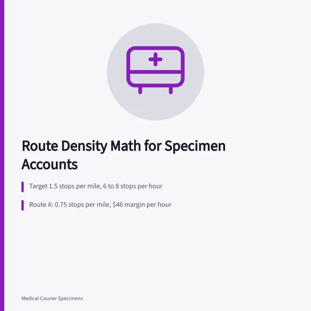 Route density metrics comparing two specimen courier routes by margin per hour. Medical courier route density: how many stops per mile make an account profitable