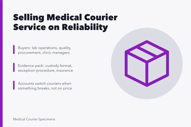 Card on selling medical courier services through evidence and reliability. Medical courier sales and proposal guide