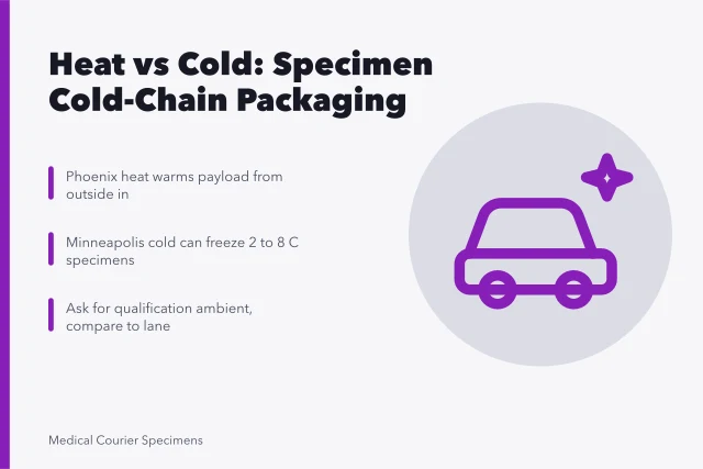 Cold-chain specimen packaging comparison for Phoenix heat and Minneapolis cold routes. Phoenix heat compared with Minneapolis cold for specimen cold-chain couriers