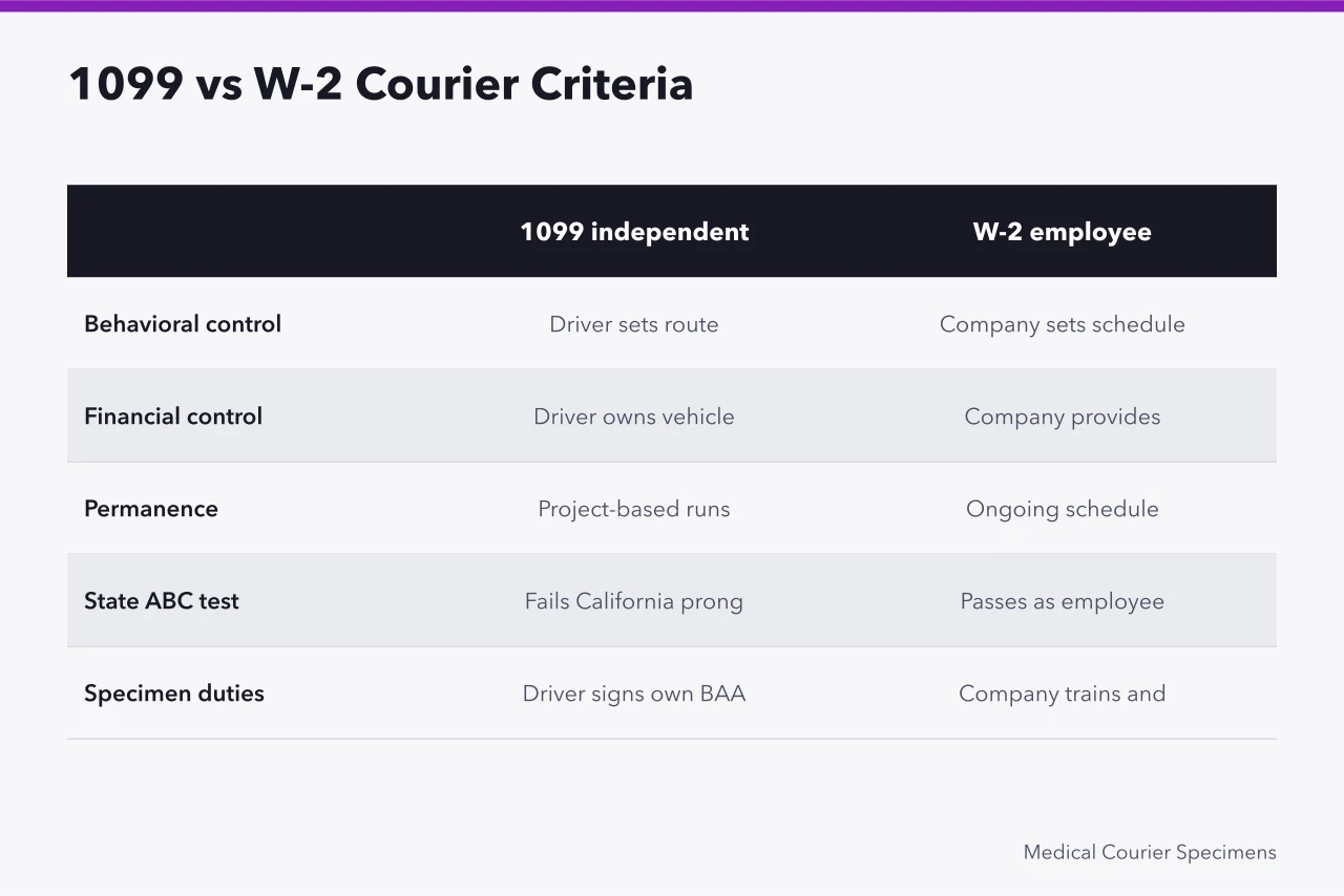 Comparison table of 1099 versus W-2 medical courier classification criteria (Medical Courier 1099 vs W-2: What Owner-Operators Need to Know)