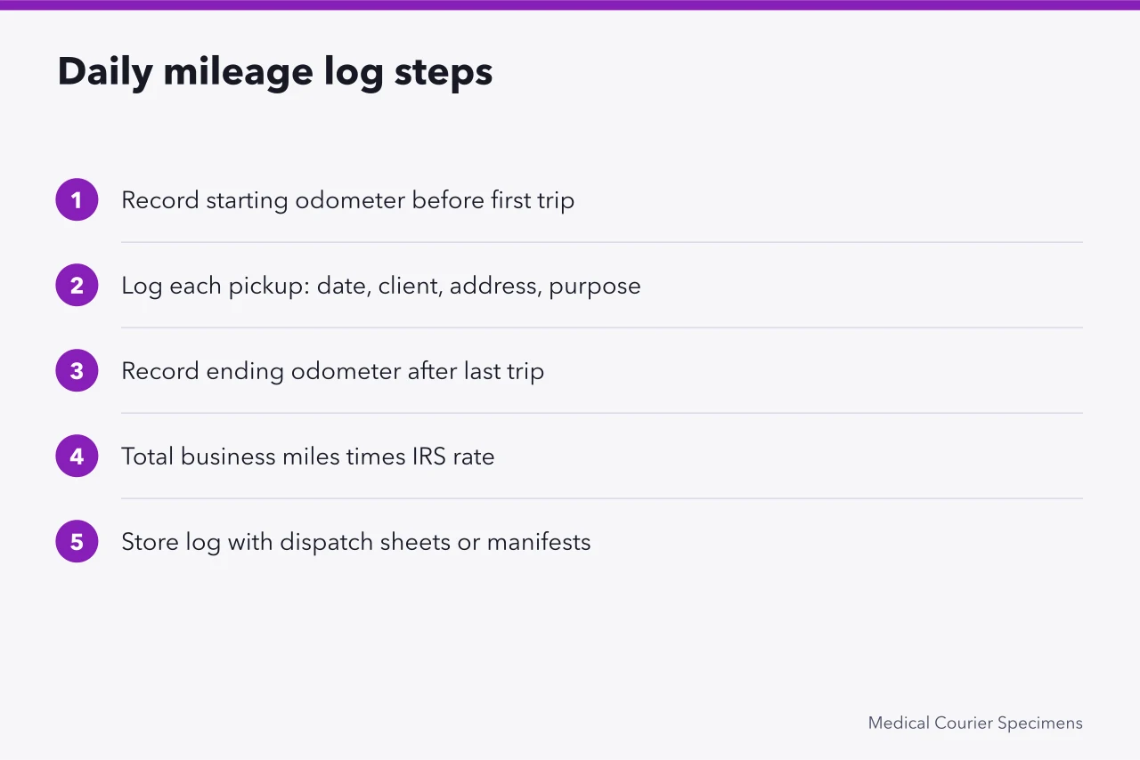 Five-step sequence for recording daily medical courier mileage (How to Use the IRS Standard Mileage Rate for Medical Couriers)