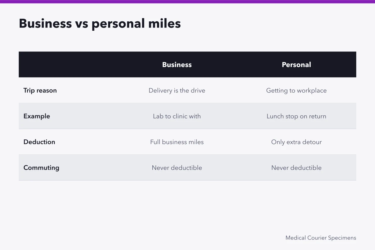 Comparison table separating business and personal mileage rules (How to Use the IRS Standard Mileage Rate for Medical Couriers)