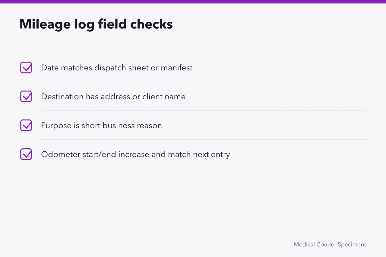 Checklist of four fields to verify in mileage log (How to Use the IRS Standard Mileage Rate for Medical Couriers)