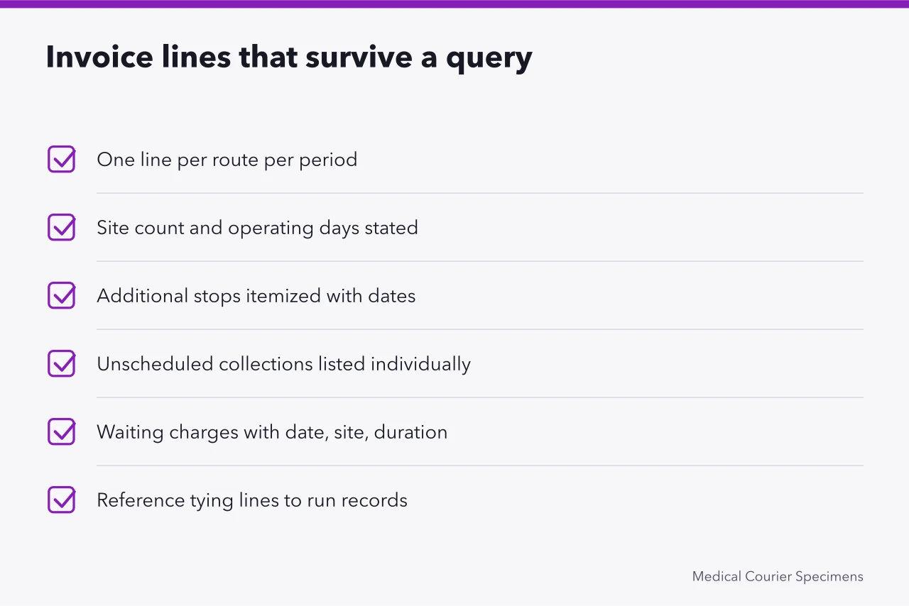 Checklist of six invoice line items a customer's records can verify (Keeping the books in a medical courier business: what to record and when)