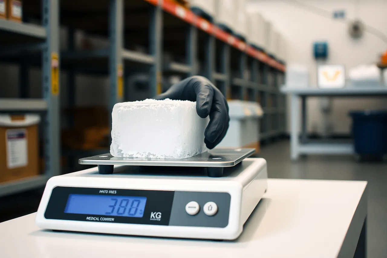 Digital scale weighing a dry ice block in a courier staging area (A Guide to Cold Chain Packaging for Medical Courier Specimens)