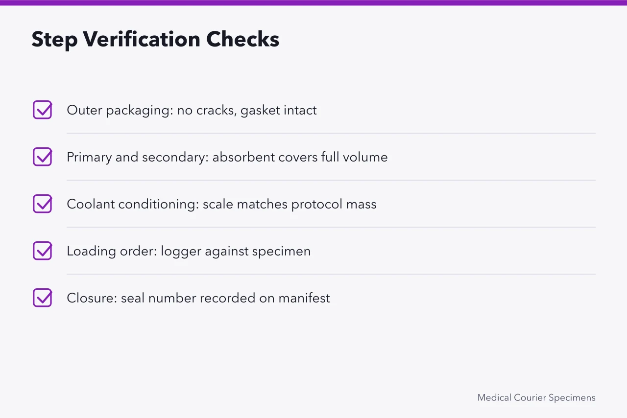 Checklist of visible and measurable checks for each packing step (A Guide to Cold Chain Packaging for Medical Courier Specimens)
