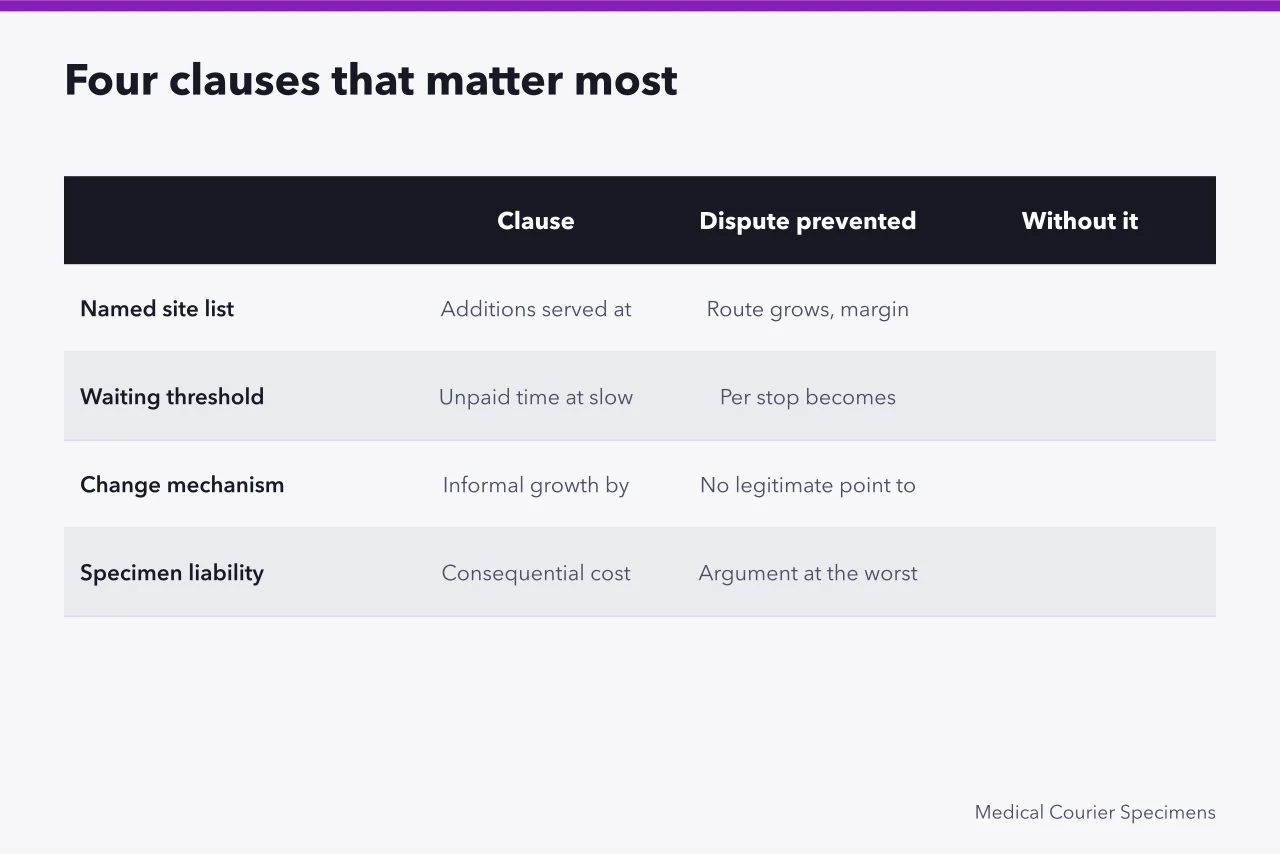 Comparison table of four key medical courier contract clauses and risks (Medical courier contract terms for people who want the details)
