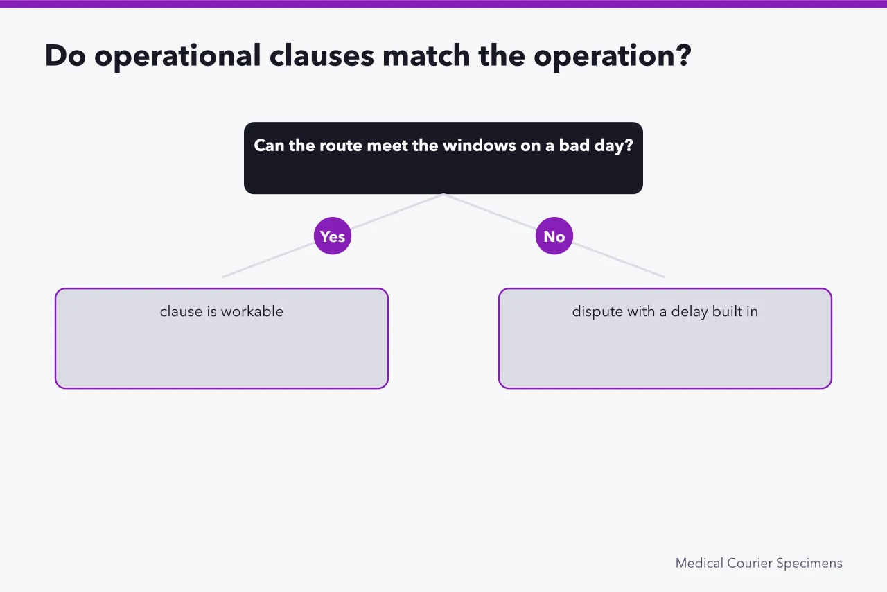 Decision flow for checking operational clauses against daily courier operations (Medical courier contract terms for people who want the details)