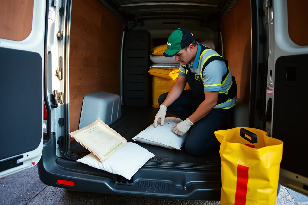 Courier using a spill kit inside a delivery vehicle (Training a new medical courier business employee: the checklist)