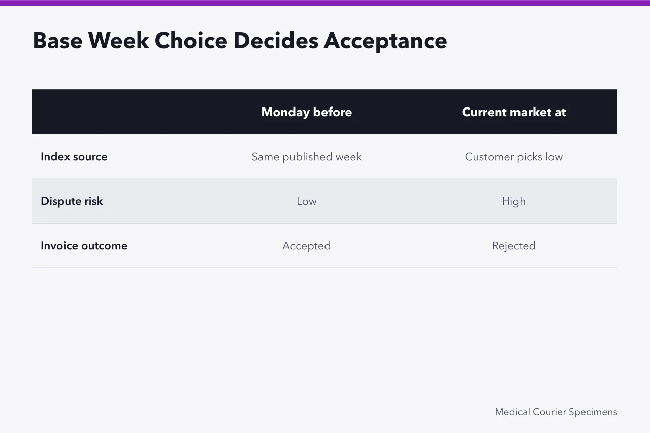 Comparison of two base week choices and their effect on customer acceptance (How to Calculate a Medical Courier Fuel Surcharge That Customers Accept)