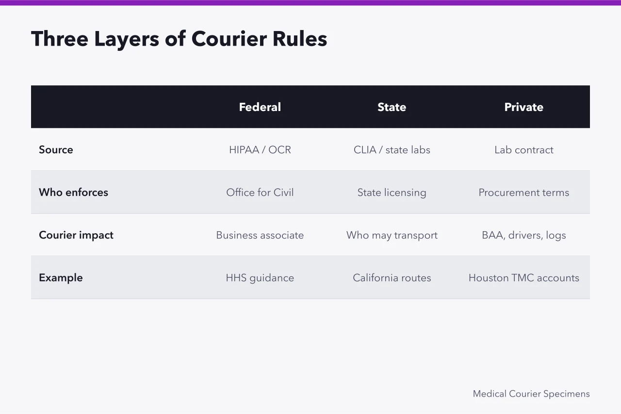 Comparison table of federal, state and private rules for medical couriers (Does a Medical Courier Need a HIPAA Business Associate Agreement?)