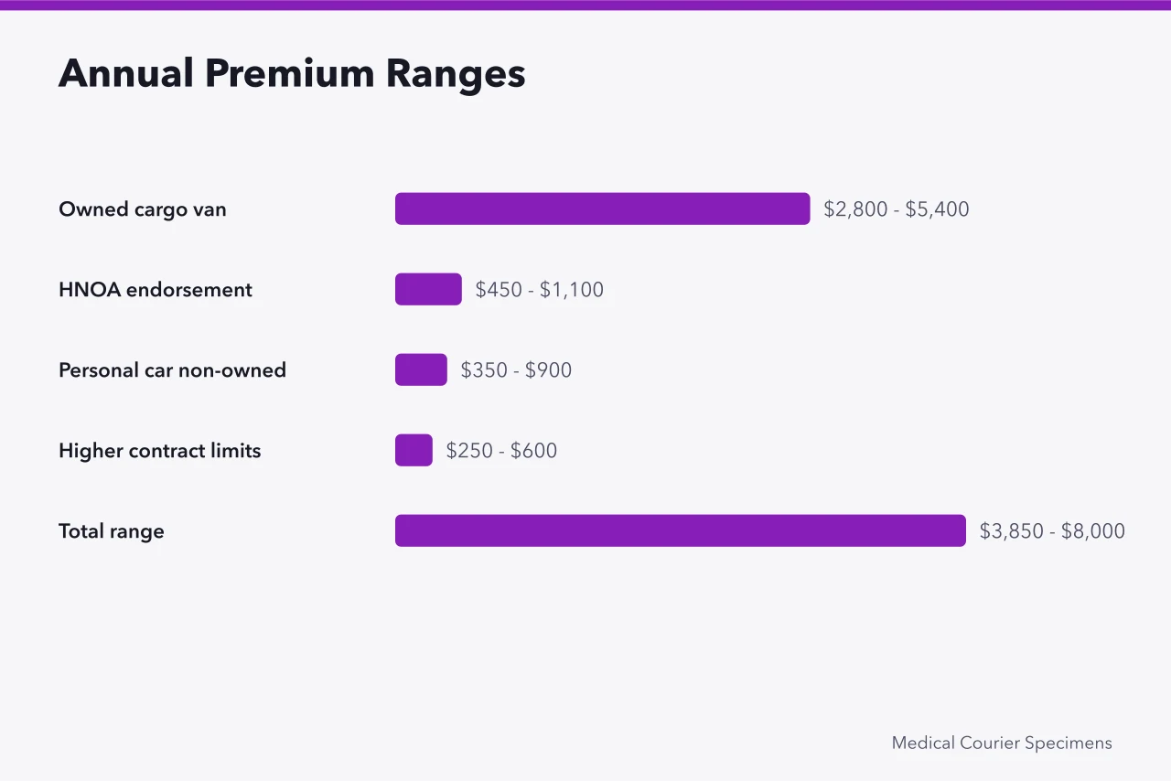Bar chart of annual premium ranges for courier auto insurance line items (The Hired and Non-Owned Auto Insurance Gap for Medical Couriers)