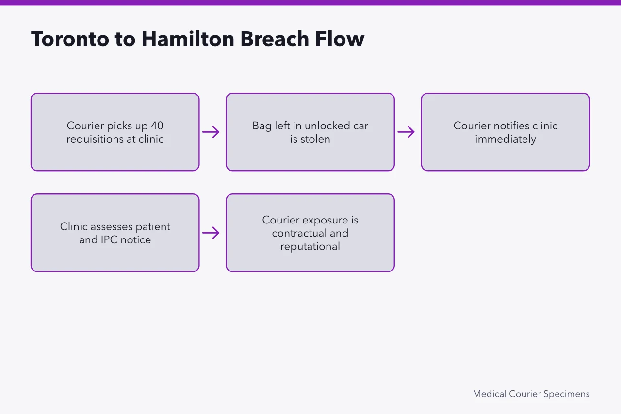 Flow of a stolen specimen bag from pickup to breach notification (What Does PIPEDA Require from Medical Couriers Handling Specimens?)