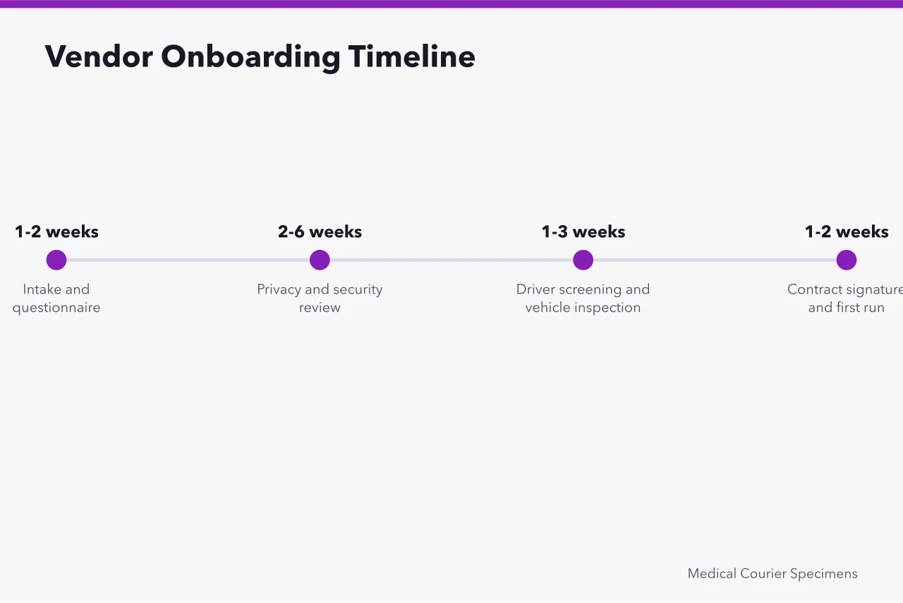 Timeline of four vendor onboarding stages with week ranges (What Does PIPEDA Require from Medical Couriers Handling Specimens?)